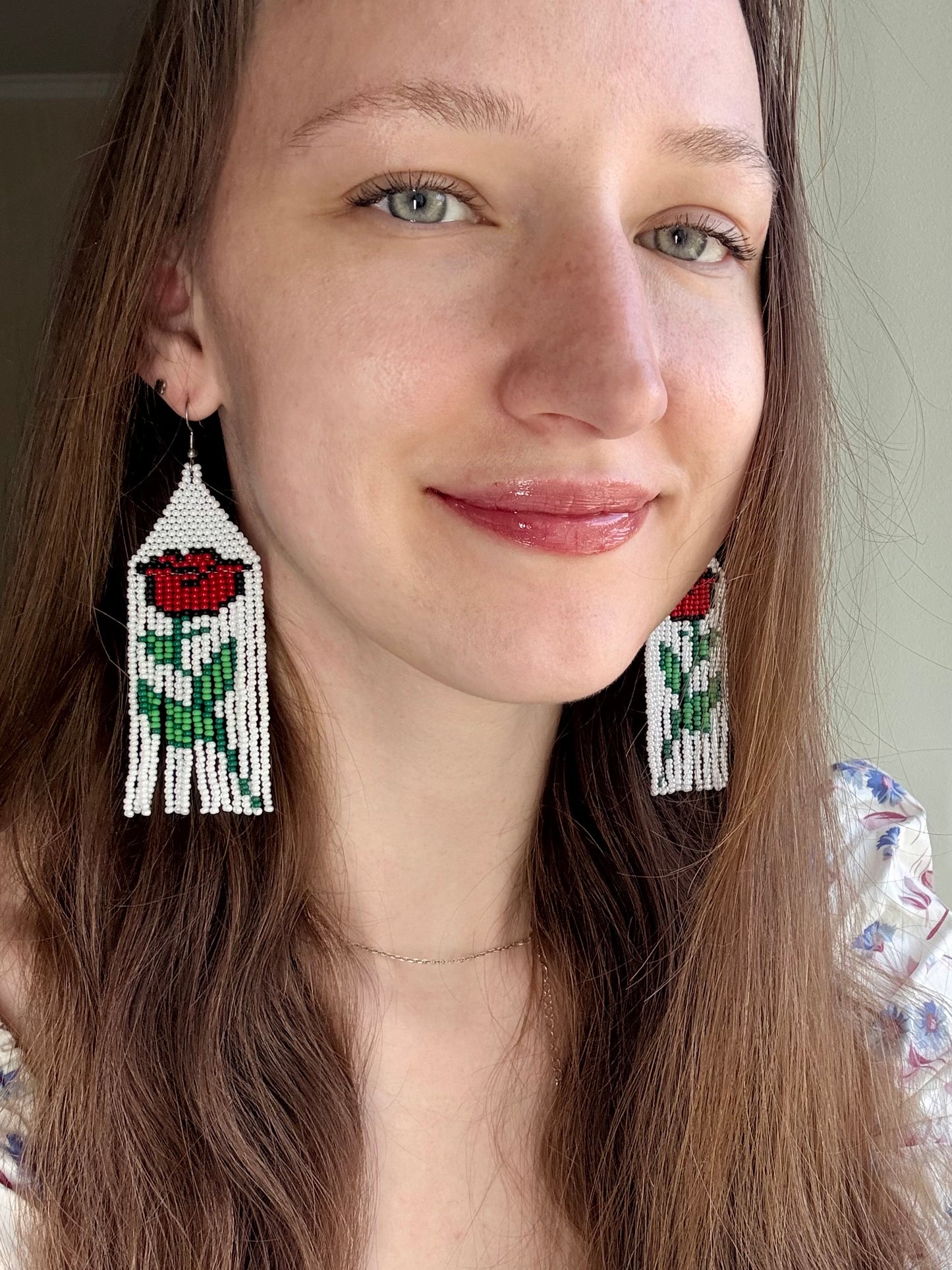 Unique long white beaded earrings with bright red rose and boho fringe. Handmade modern statement earrings for women, perfect gift for her image 2