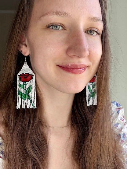 Unique long white beaded earrings with bright red rose and boho fringe. Handmade modern statement earrings for women, perfect gift for her image 2