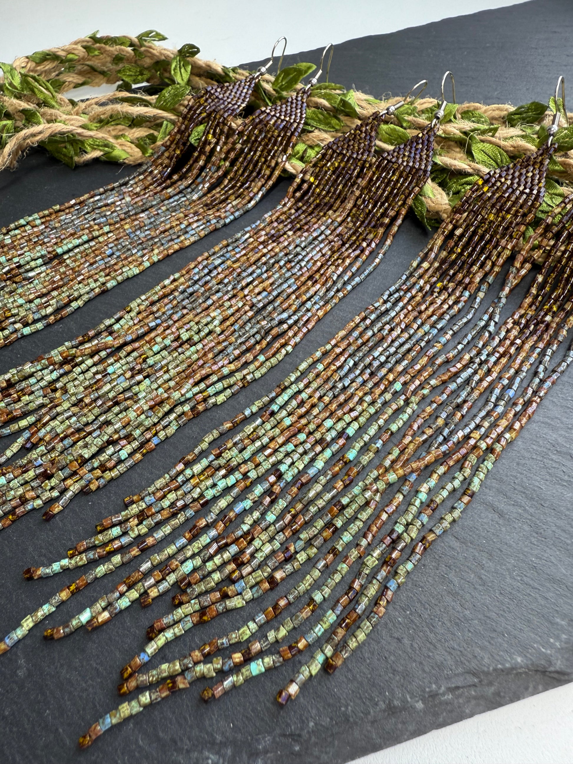 Handmade long green and turquoise beaded boho earrings with flowing fringe image 11