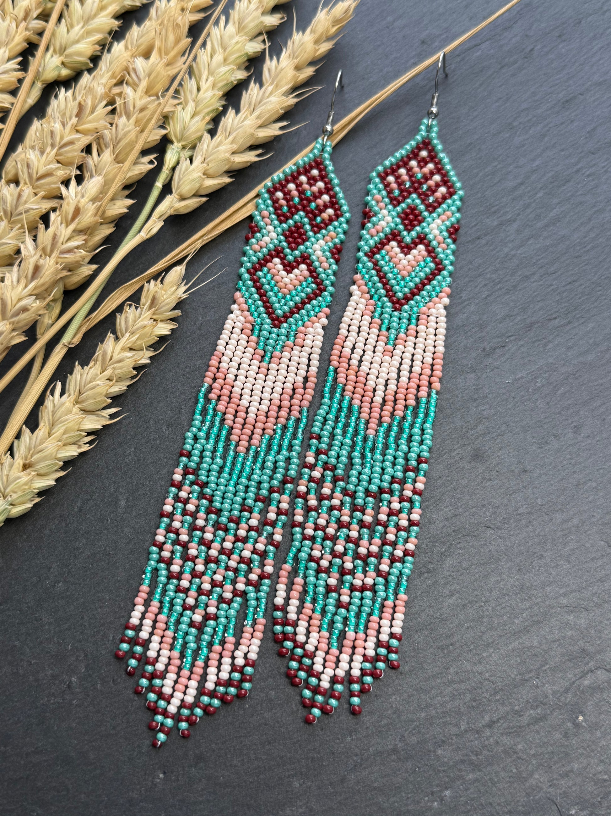 Unique handmade beaded dangle earrings with Native American motif in turquoise, beige and burgundy. Bright boho statement earrings for women, perfect gift image 3