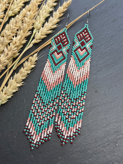 Unique handmade beaded dangle earrings with Native American motif in turquoise, beige and burgundy. Bright boho statement earrings for women, perfect gift image 3