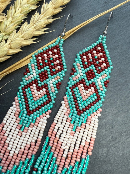 Unique handmade beaded dangle earrings with Native American motif in turquoise, beige and burgundy. Bright boho statement earrings for women, perfect gift image 4
