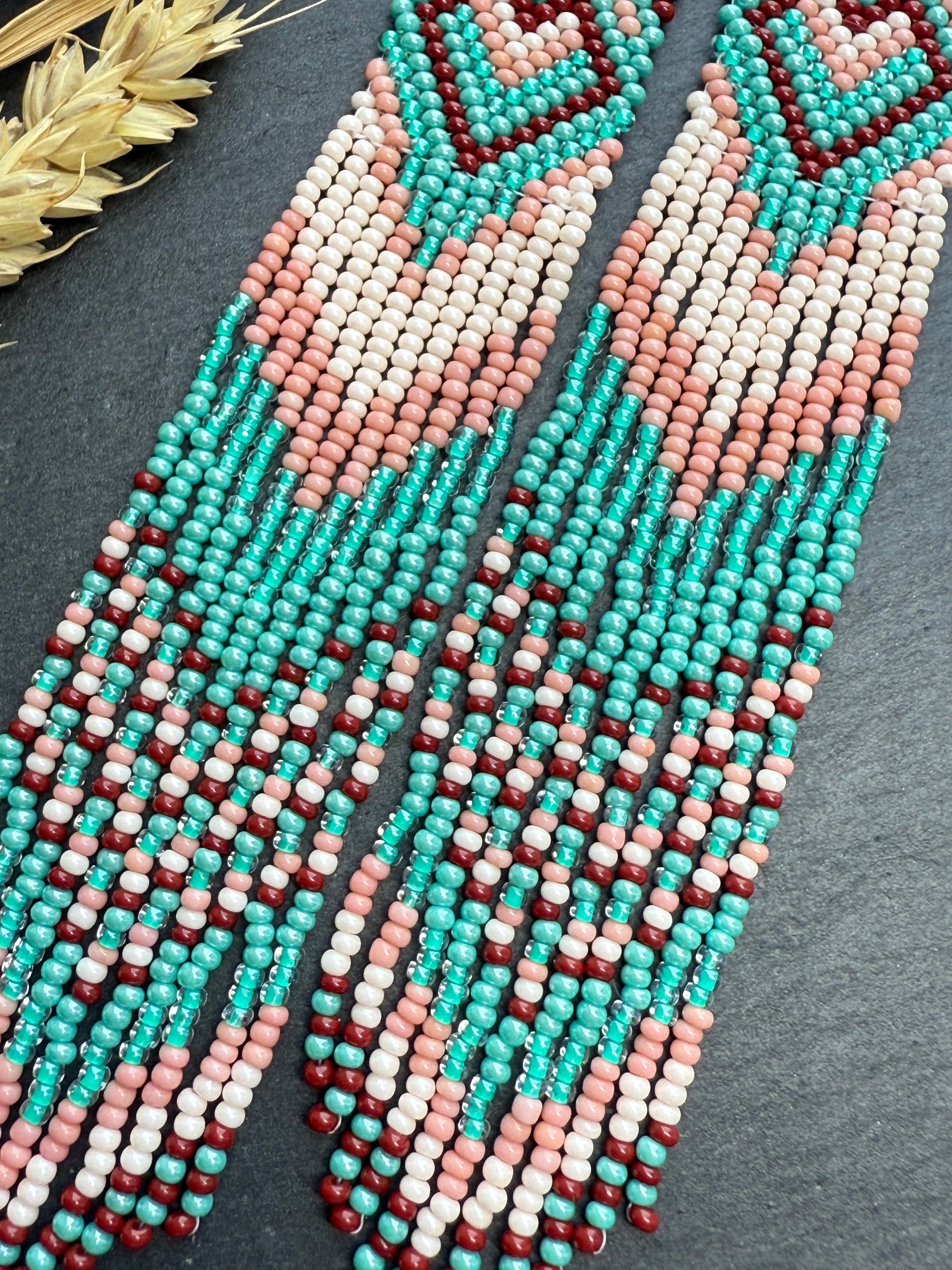 Unique handmade beaded dangle earrings with Native American motif in turquoise, beige and burgundy. Bright boho statement earrings for women, perfect gift image 5