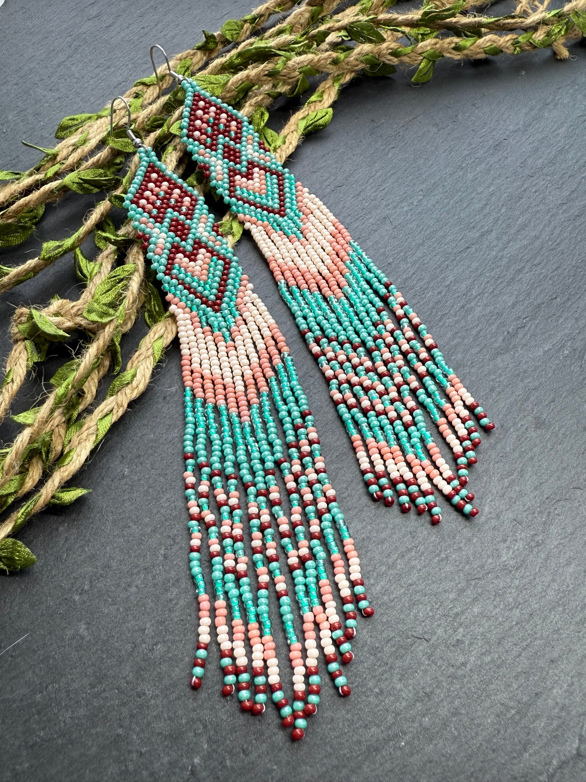 Unique handmade beaded dangle earrings with Native American motif in turquoise, beige and burgundy. Bright boho statement earrings for women, perfect gift image 10