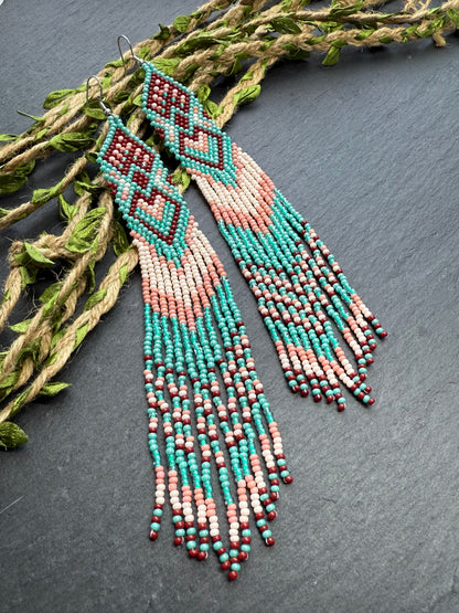 Unique handmade beaded dangle earrings with Native American motif in turquoise, beige and burgundy. Bright boho statement earrings for women, perfect gift image 10