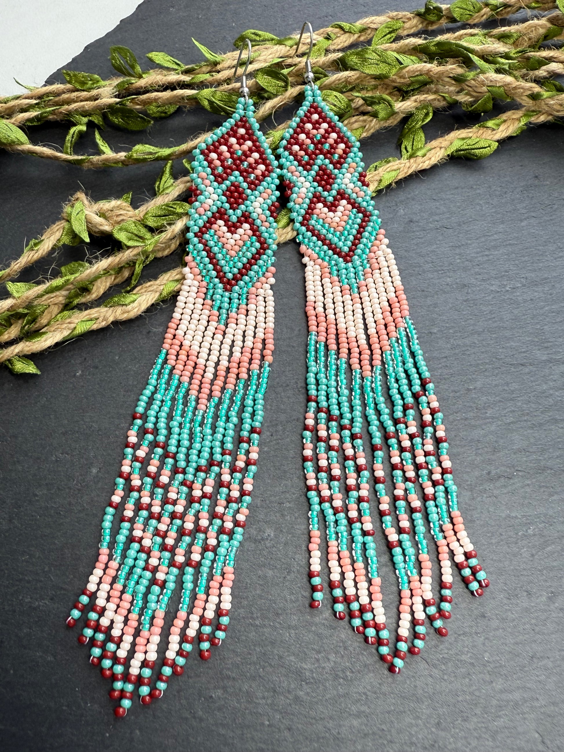 Unique handmade beaded dangle earrings with Native American motif in turquoise, beige and burgundy. Bright boho statement earrings for women, perfect gift image 11