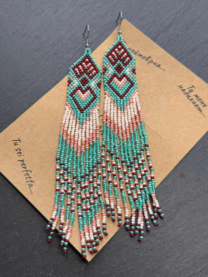 Unique handmade beaded dangle earrings with Native American motif in turquoise, beige and burgundy. Bright boho statement earrings for women, perfect gift image 13