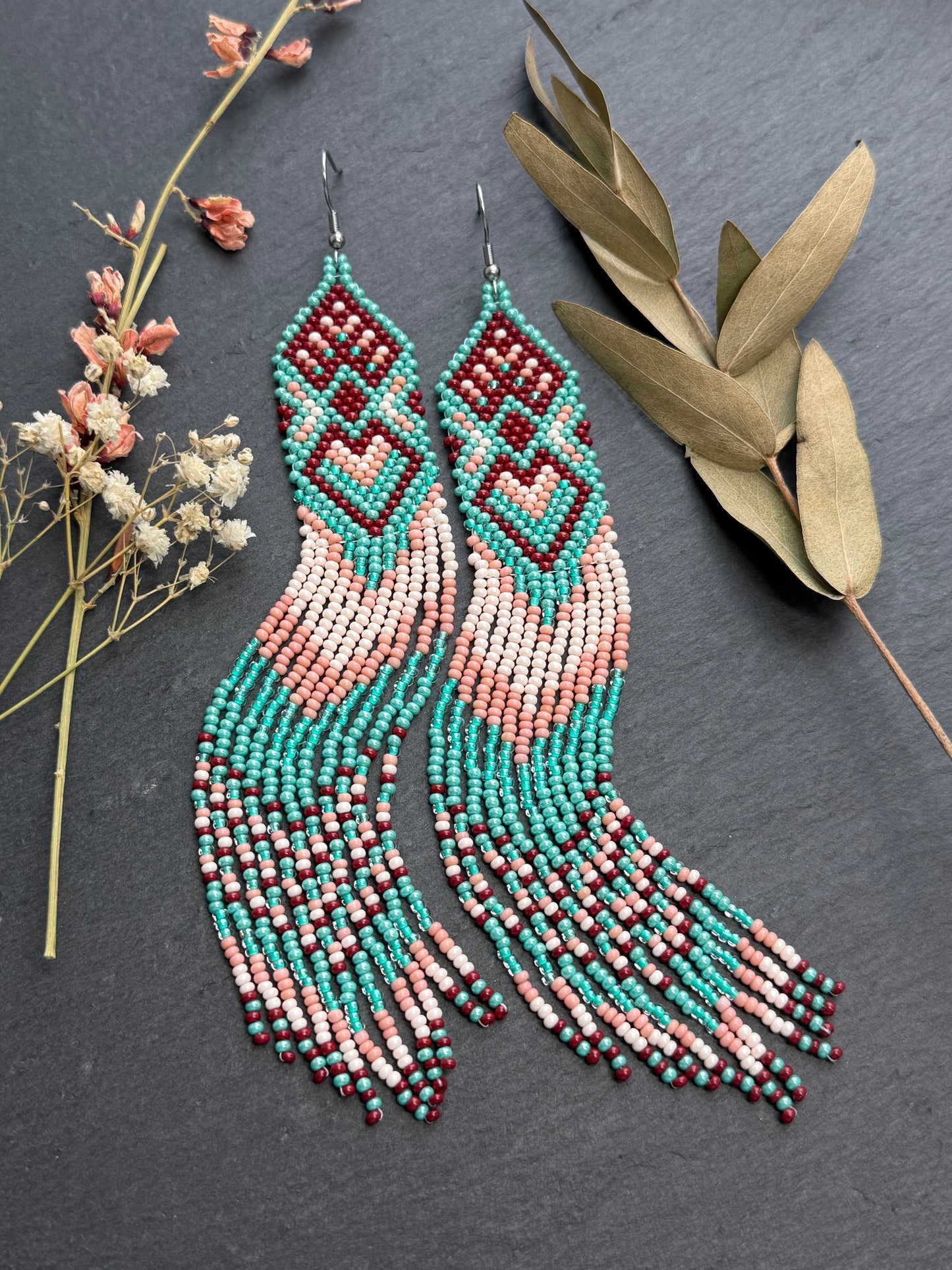 Unique handmade beaded dangle earrings with Native American motif in turquoise, beige and burgundy. Bright boho statement earrings for women, perfect gift image 12