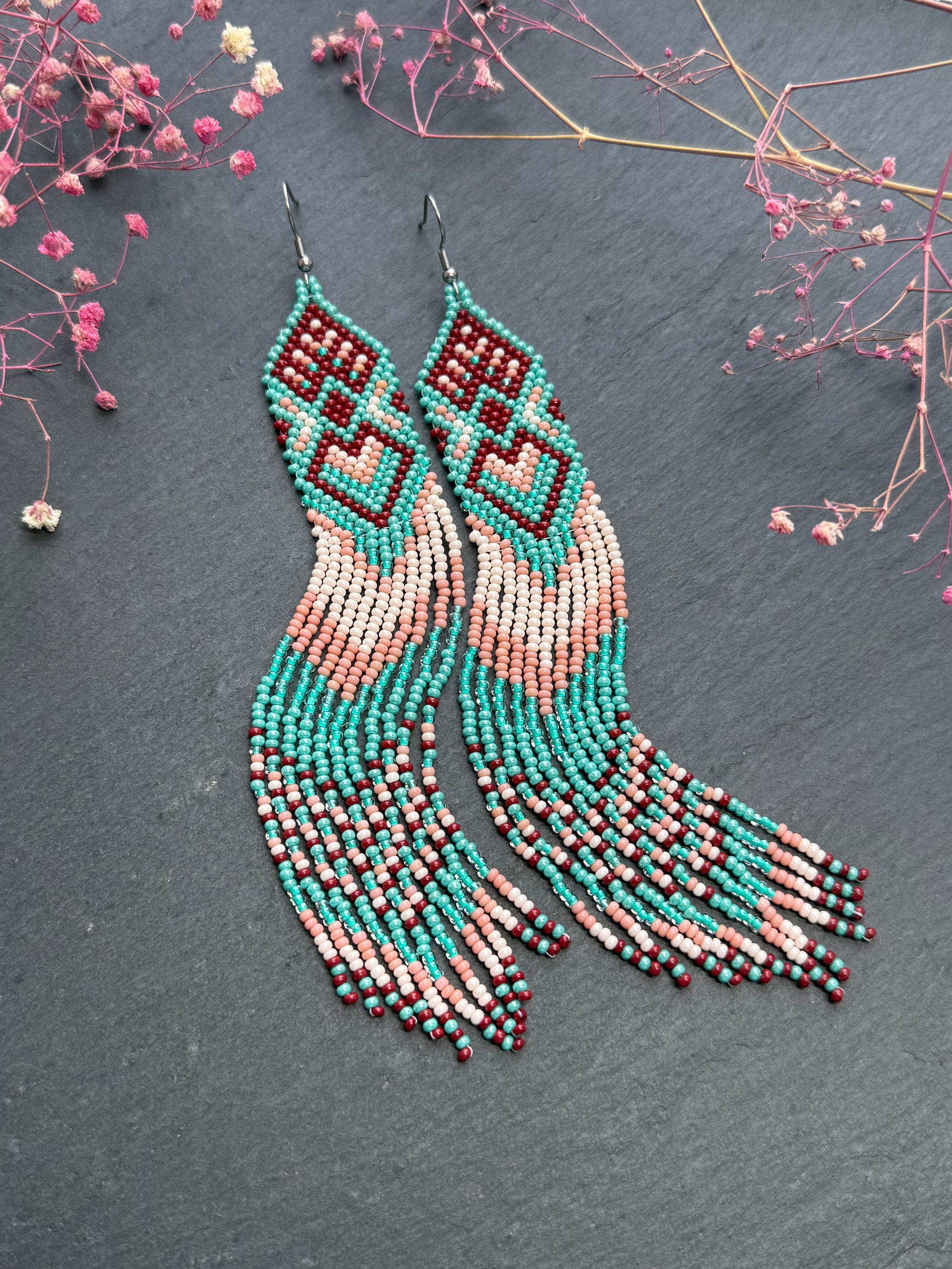 Unique handmade beaded dangle earrings with Native American motif in turquoise, beige and burgundy. Bright boho statement earrings for women, perfect gift image 8