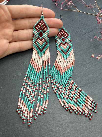 Unique handmade beaded dangle earrings with Native American motif in turquoise, beige and burgundy. Bright boho statement earrings for women, perfect gift image 6