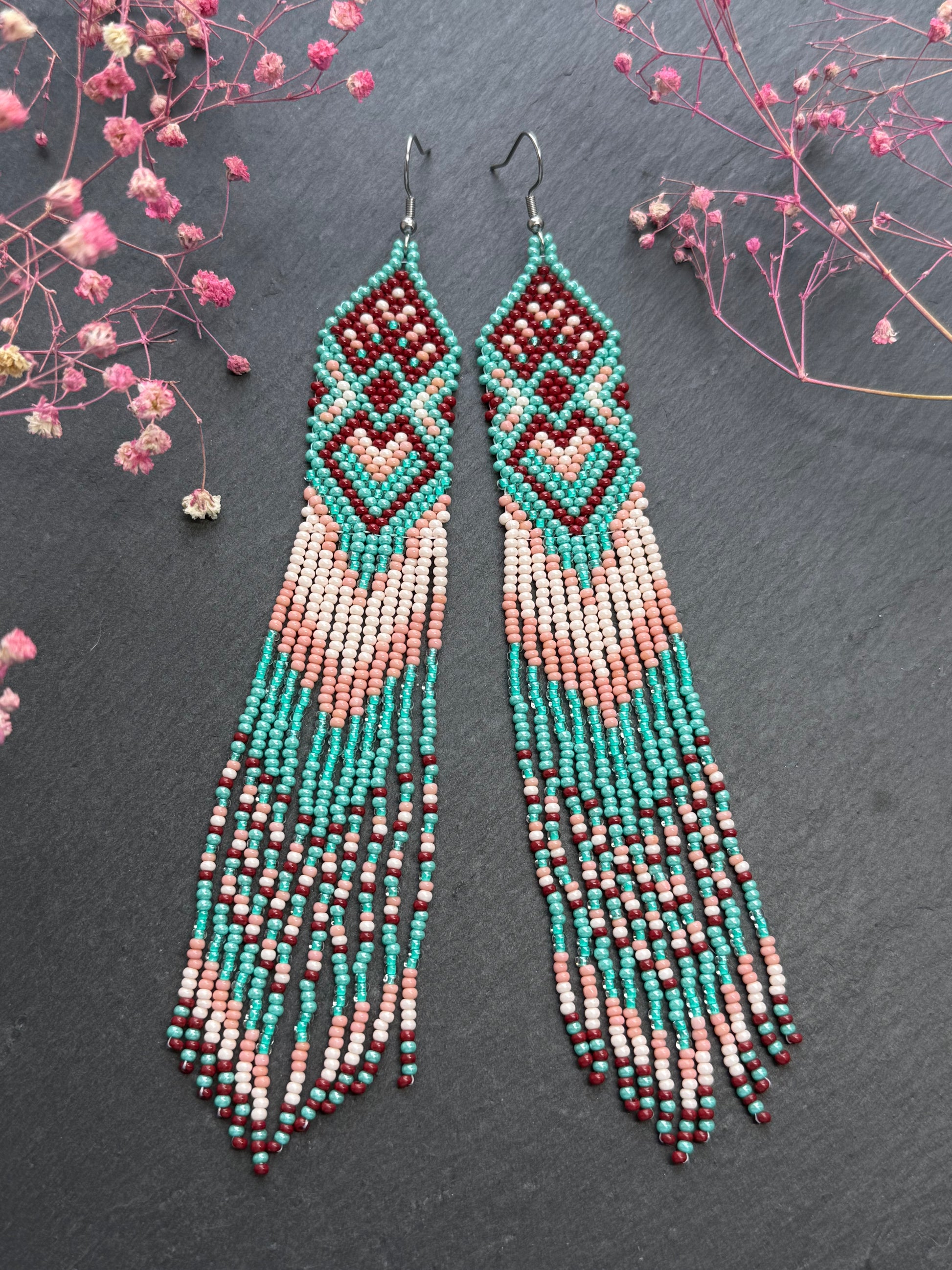 Unique handmade beaded dangle earrings with Native American motif in turquoise, beige and burgundy. Bright boho statement earrings for women, perfect gift image 7