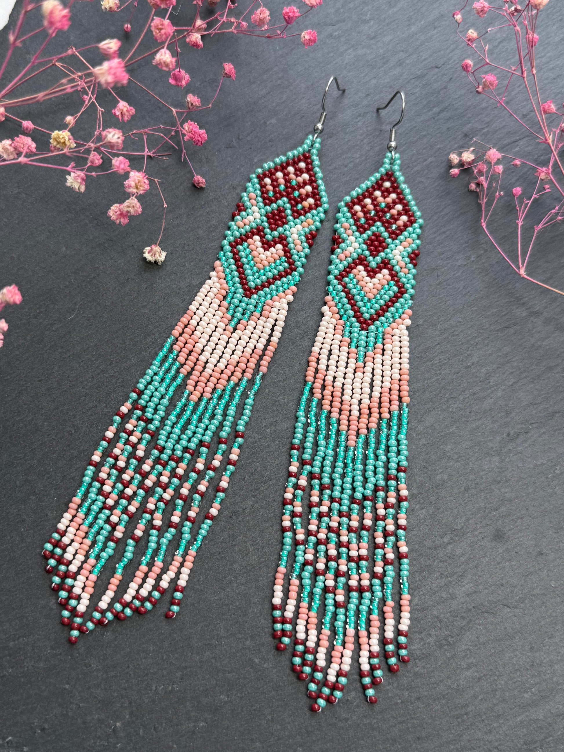 Unique handmade beaded dangle earrings with Native American motif in turquoise, beige and burgundy. Bright boho statement earrings for women, perfect gift image 9