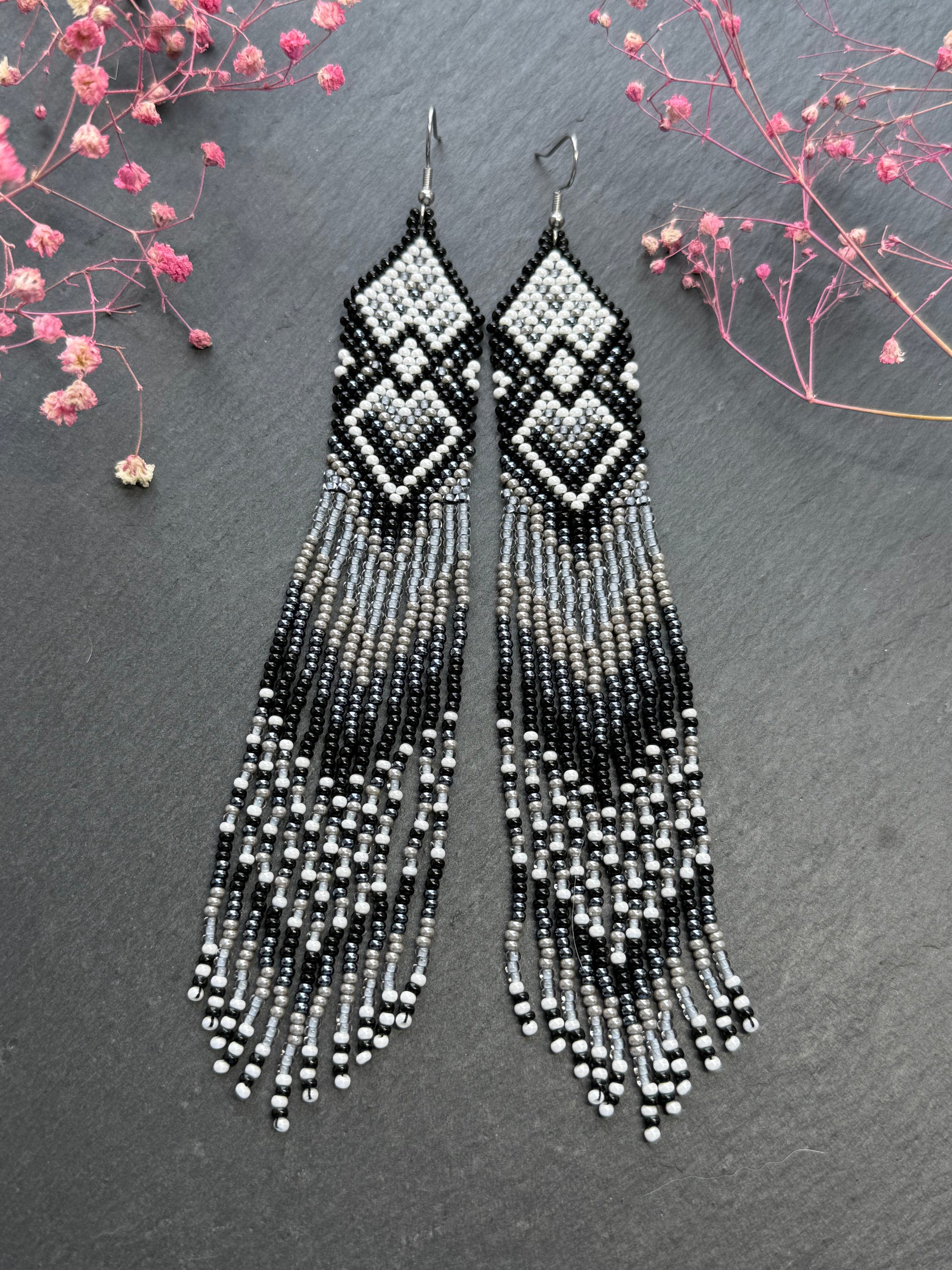 Long black and gray beaded fringe earrings in Native American style. Handmade statement earrings for women, unique ethnic design and perfect gift image 11