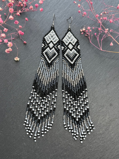 Long black and gray beaded fringe earrings in Native American style. Handmade statement earrings for women, unique ethnic design and perfect gift image 11