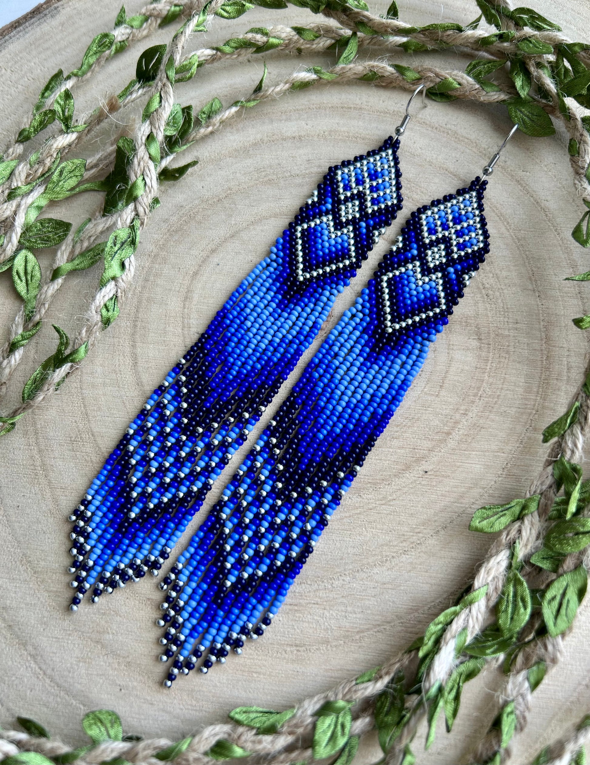 Handmade long blue beaded boho earrings with fringe and silver accents. Native style statement jewelry, unique artisanal accessory for bold style image 11