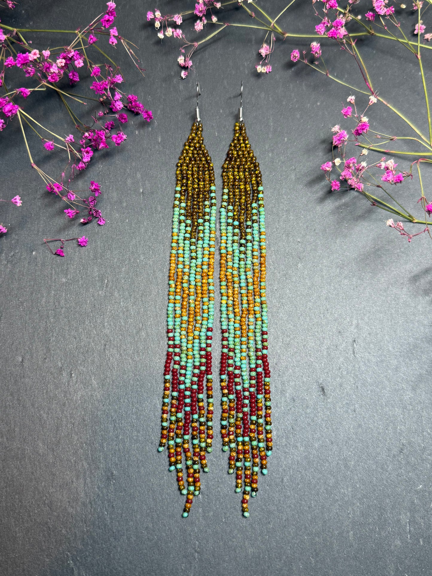 Long beaded earrings in turquoise, green, brown and burgundy with fringe. Unique handmade boho and Native statement earrings for women, perfect gift for her image 1