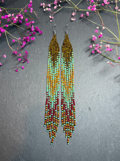 Long beaded earrings in turquoise, green, brown and burgundy with fringe. Unique handmade boho and Native statement earrings for women, perfect gift for her image 1