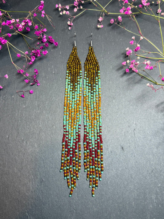 Long beaded earrings in turquoise, green, brown and burgundy with fringe. Unique handmade boho and Native statement earrings for women, perfect gift for her image 1