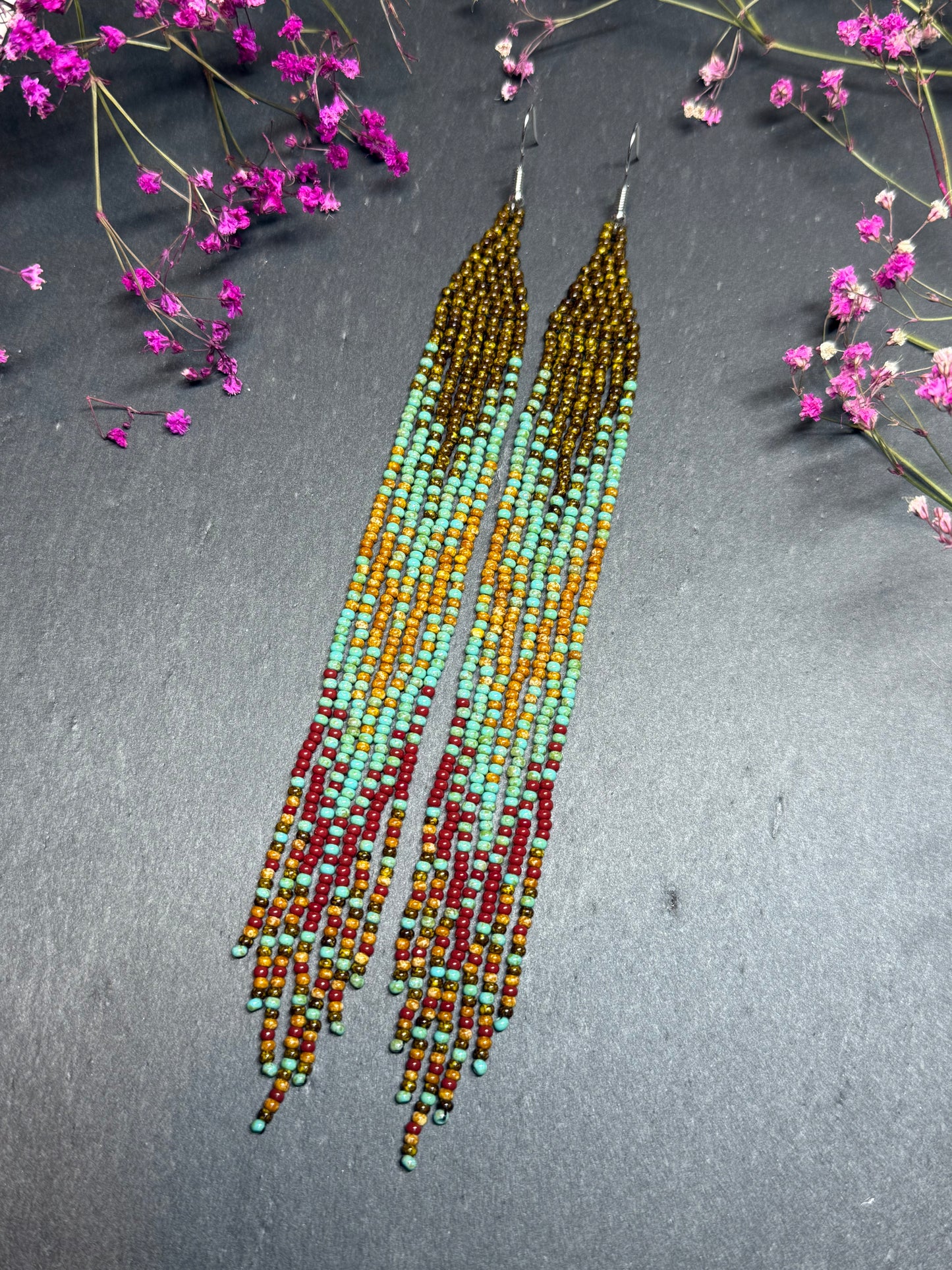 Long beaded earrings in turquoise, green, brown and burgundy with fringe. Unique handmade boho and Native statement earrings for women, perfect gift for her image 3