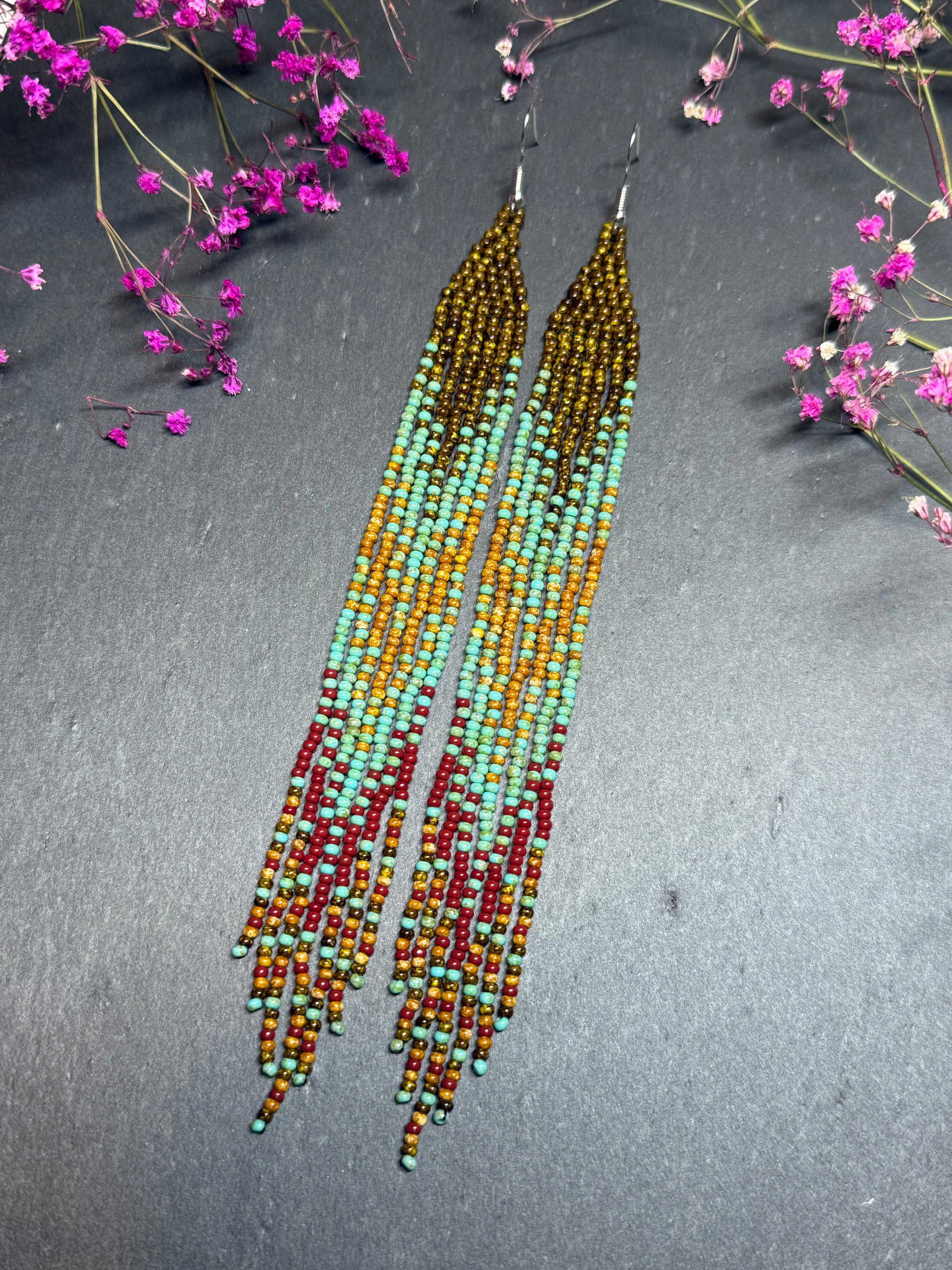 Long beaded earrings in turquoise, green, brown and burgundy with fringe. Unique handmade boho and Native statement earrings for women, perfect gift for her image 3