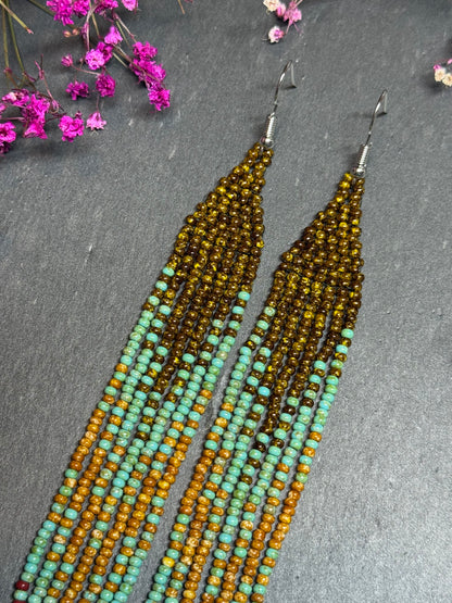 Long beaded earrings in turquoise, green, brown and burgundy with fringe. Unique handmade boho and Native statement earrings for women, perfect gift for her image 4