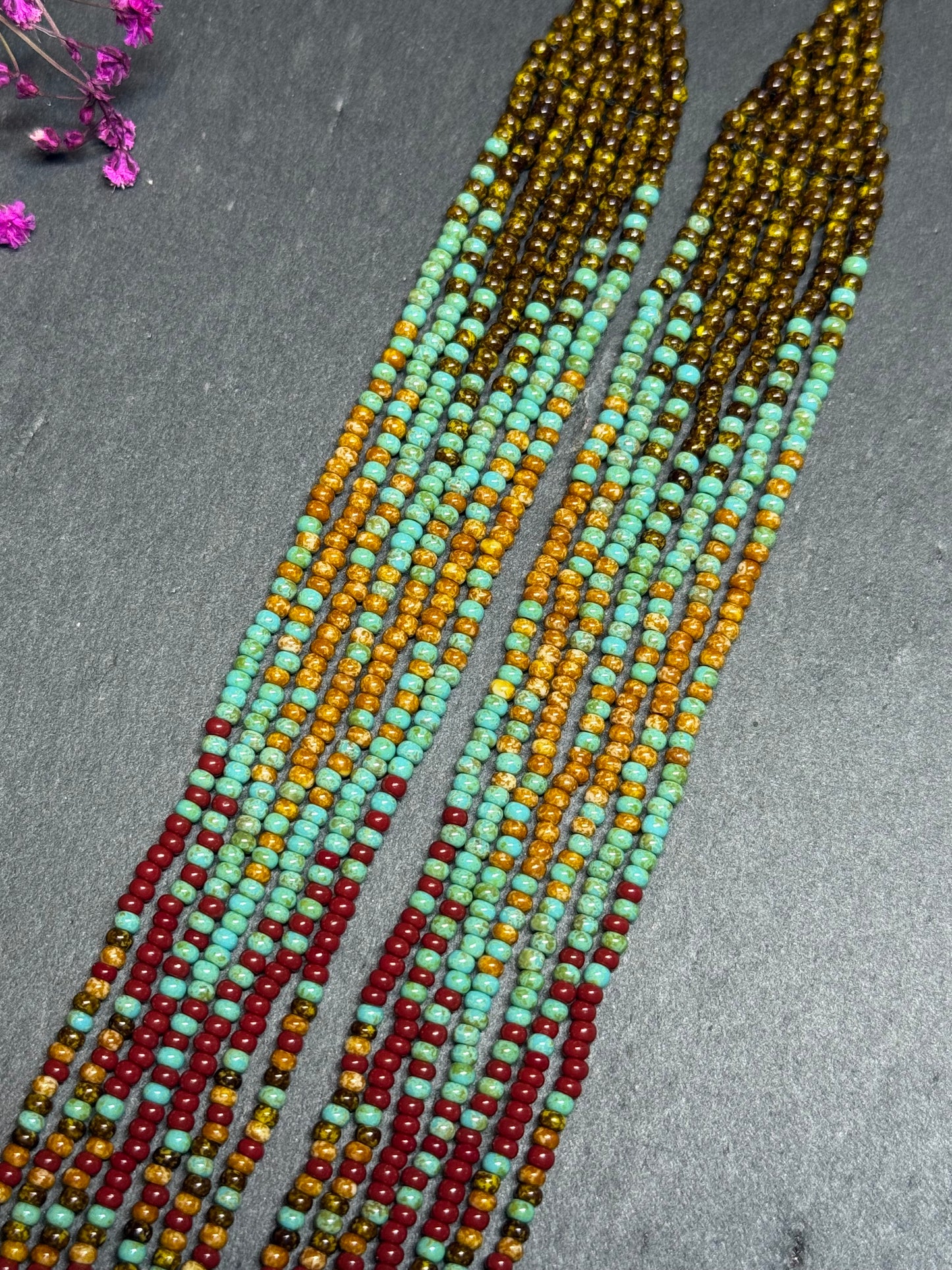 Long beaded earrings in turquoise, green, brown and burgundy with fringe. Unique handmade boho and Native statement earrings for women, perfect gift for her image 5