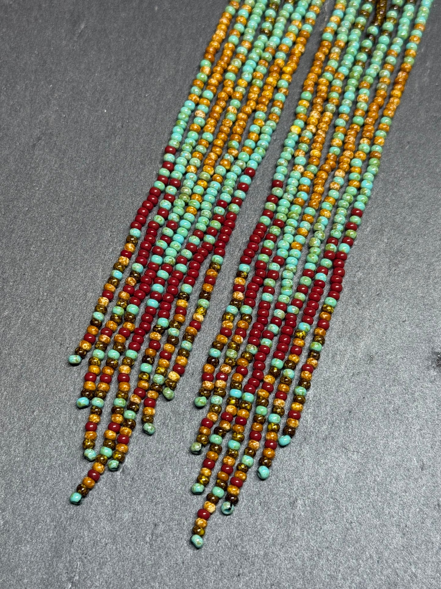 Long beaded earrings in turquoise, green, brown and burgundy with fringe. Unique handmade boho and Native statement earrings for women, perfect gift for her image 6
