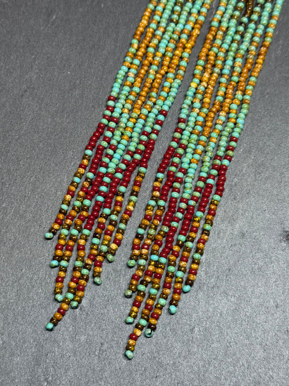 Long beaded earrings in turquoise, green, brown and burgundy with fringe. Unique handmade boho and Native statement earrings for women, perfect gift for her image 6