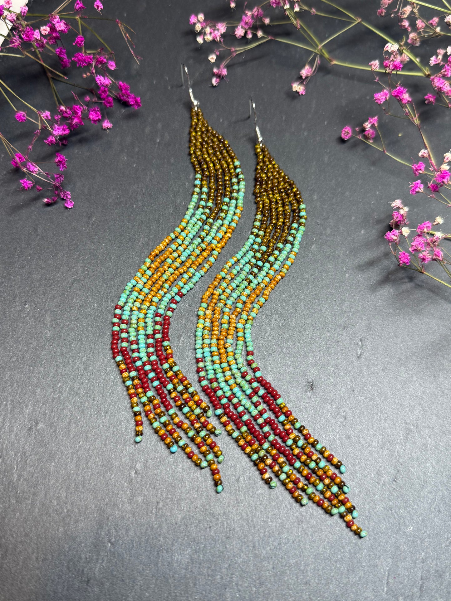 Long beaded earrings in turquoise, green, brown and burgundy with fringe. Unique handmade boho and Native statement earrings for women, perfect gift for her image 7