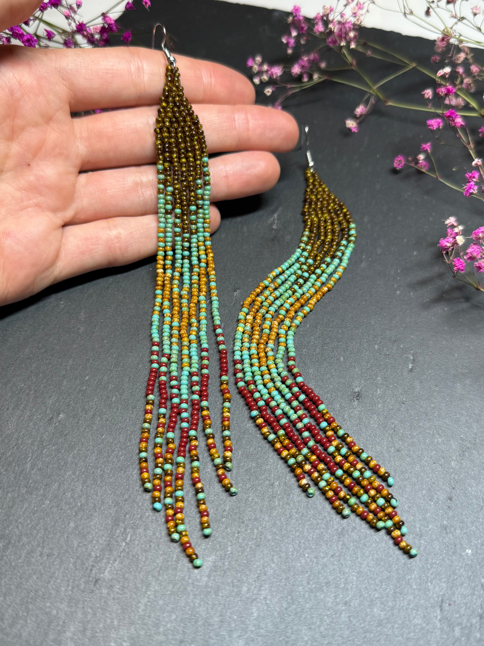 Long beaded earrings in turquoise, green, brown and burgundy with fringe. Unique handmade boho and Native statement earrings for women, perfect gift for her image 8