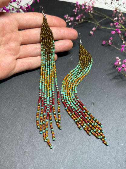 Long beaded earrings in turquoise, green, brown and burgundy with fringe. Unique handmade boho and Native statement earrings for women, perfect gift for her image 8