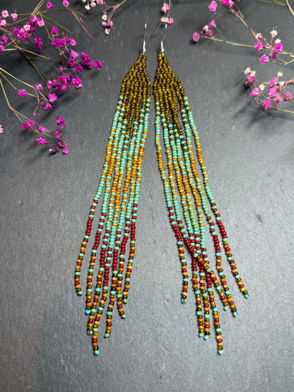Long beaded earrings in turquoise, green, brown and burgundy with fringe. Unique handmade boho and Native statement earrings for women, perfect gift for her image 9
