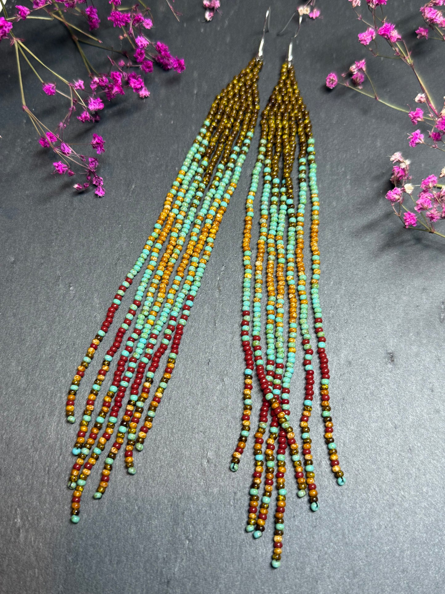 Long beaded earrings in turquoise, green, brown and burgundy with fringe. Unique handmade boho and Native statement earrings for women, perfect gift for her image 10