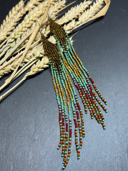 Long beaded earrings in turquoise, green, brown and burgundy with fringe. Unique handmade boho and Native statement earrings for women, perfect gift for her image 13