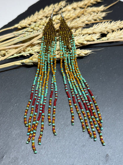 Long beaded earrings in turquoise, green, brown and burgundy with fringe. Unique handmade boho and Native statement earrings for women, perfect gift for her image 14