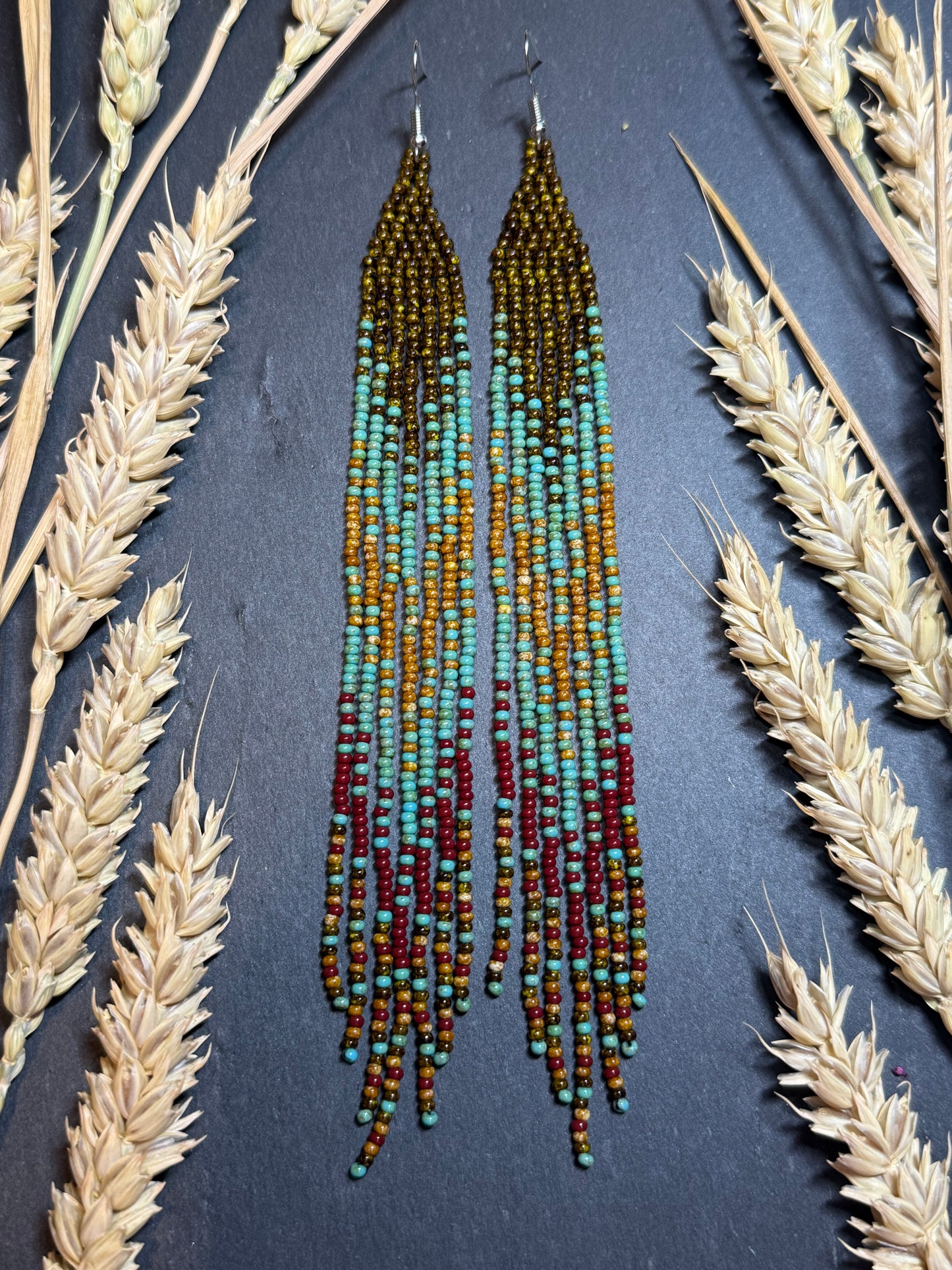 Long beaded earrings in turquoise, green, brown and burgundy with fringe. Unique handmade boho and Native statement earrings for women, perfect gift for her image 15