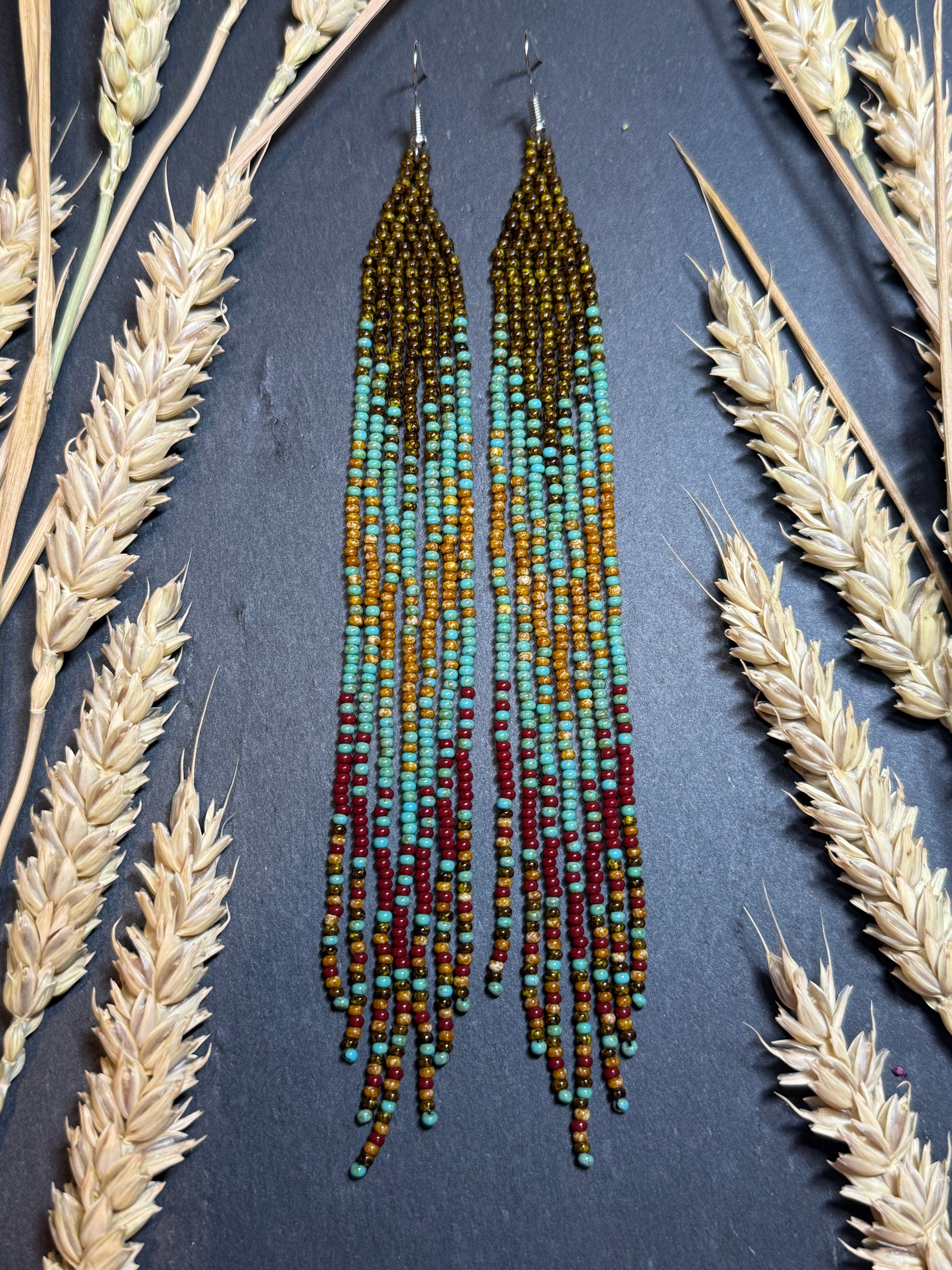 Long beaded earrings in turquoise, green, brown and burgundy with fringe. Unique handmade boho and Native statement earrings for women, perfect gift for her image 15