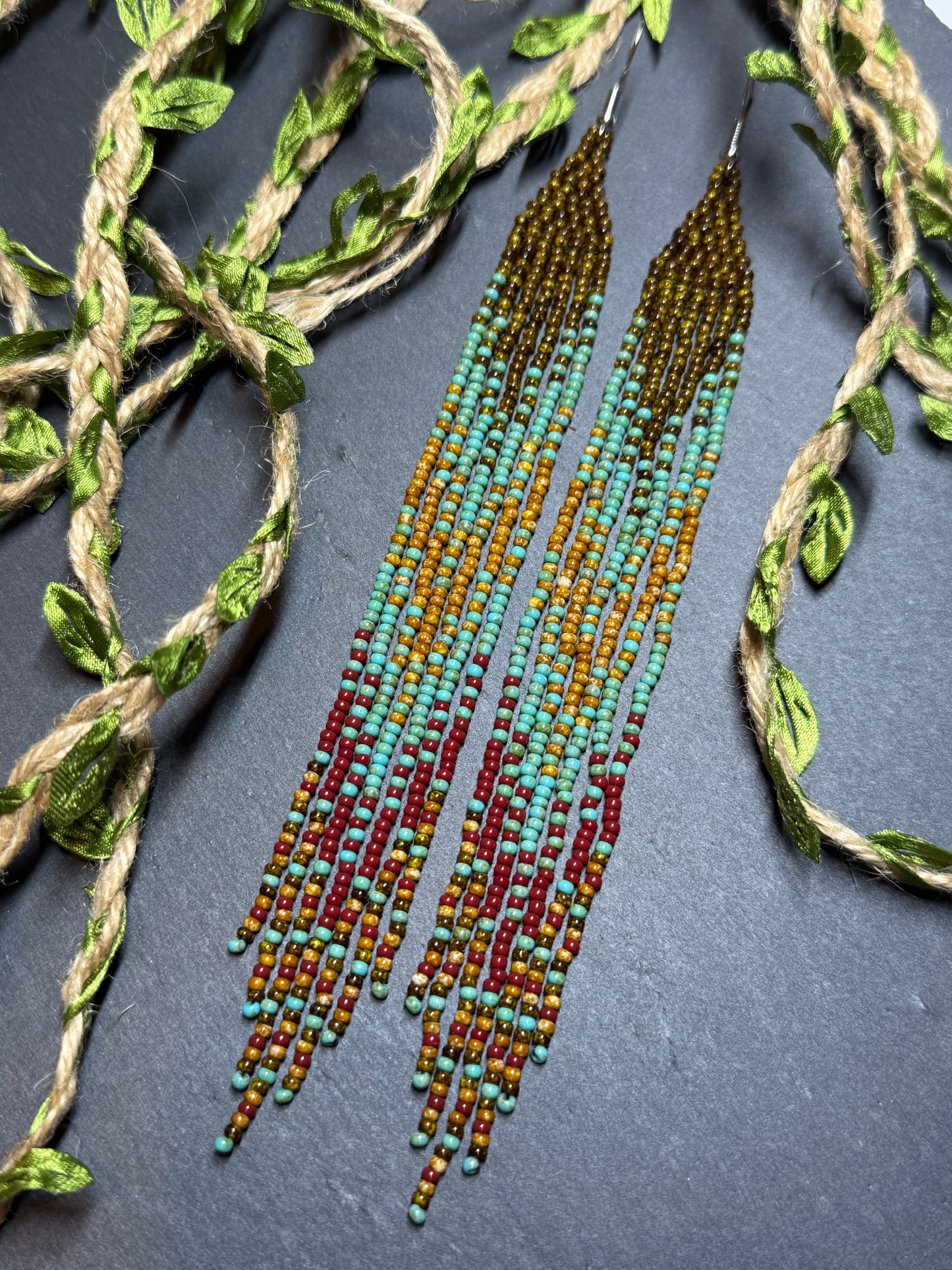 Long beaded earrings in turquoise, green, brown and burgundy with fringe. Unique handmade boho and Native statement earrings for women, perfect gift for her image 18