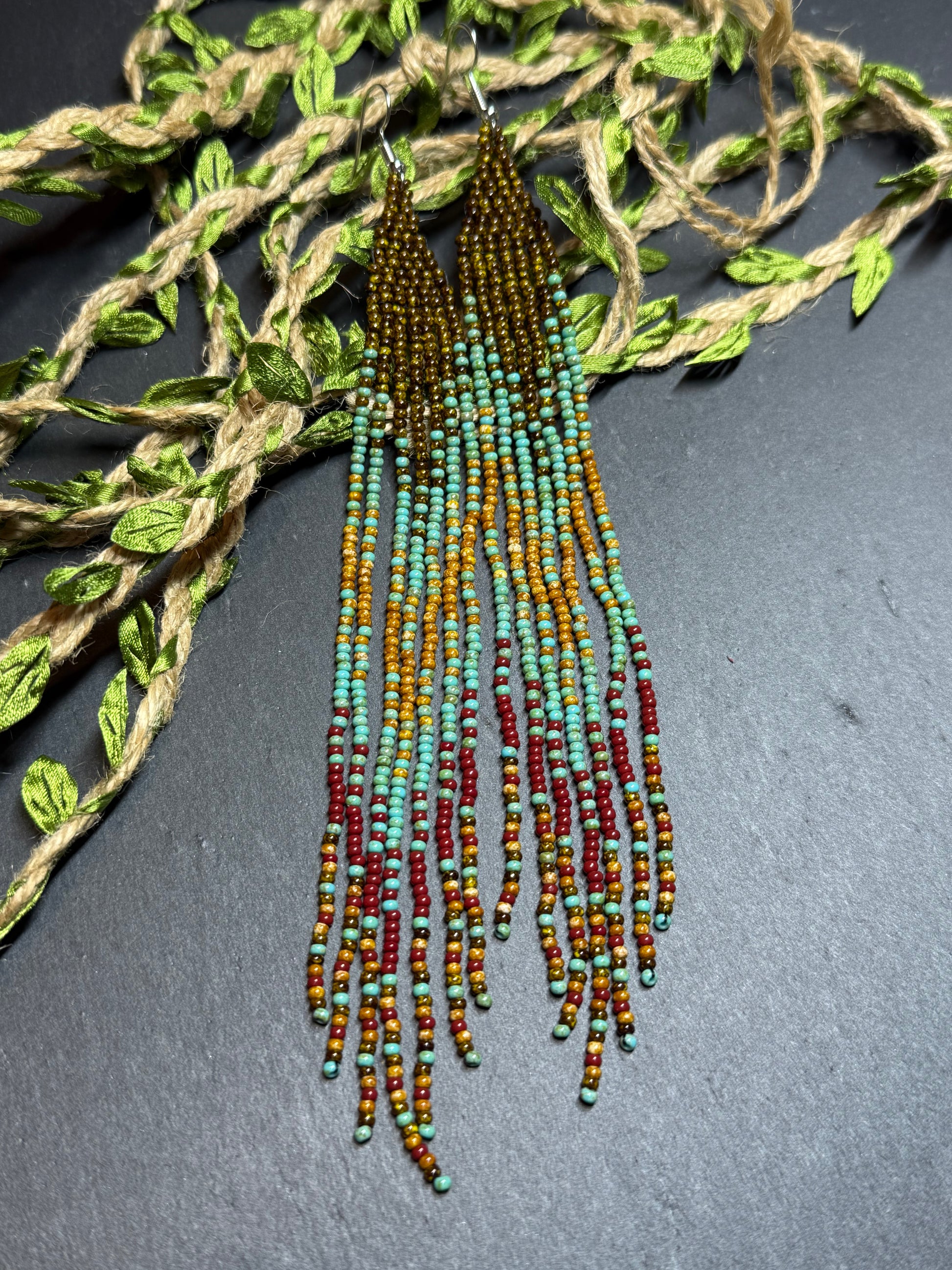 Long beaded earrings in turquoise, green, brown and burgundy with fringe. Unique handmade boho and Native statement earrings for women, perfect gift for her image 17