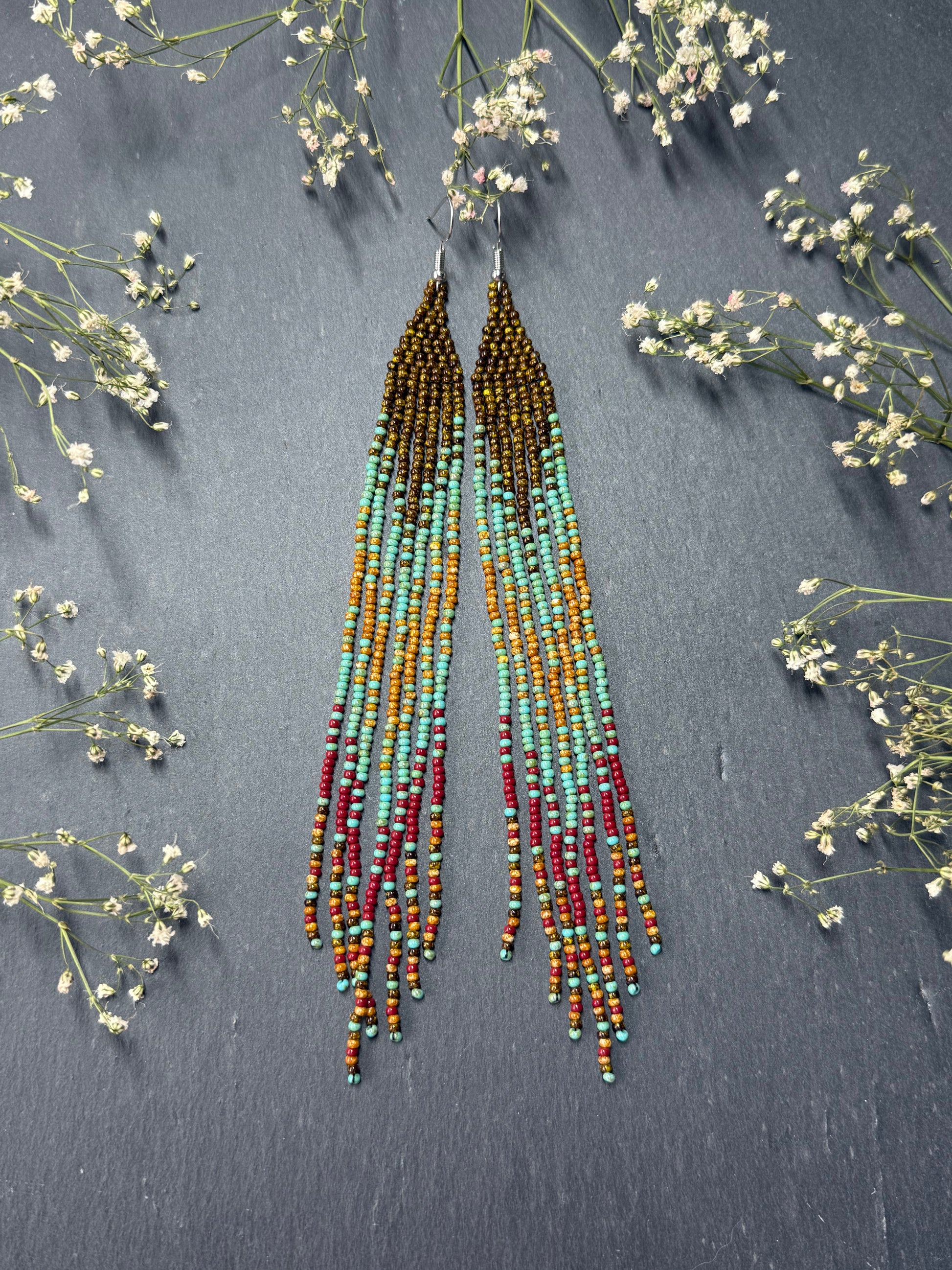 Long beaded earrings in turquoise, green, brown and burgundy with fringe. Unique handmade boho and Native statement earrings for women, perfect gift for her image 11