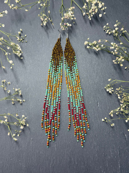 Long beaded earrings in turquoise, green, brown and burgundy with fringe. Unique handmade boho and Native statement earrings for women, perfect gift for her image 11