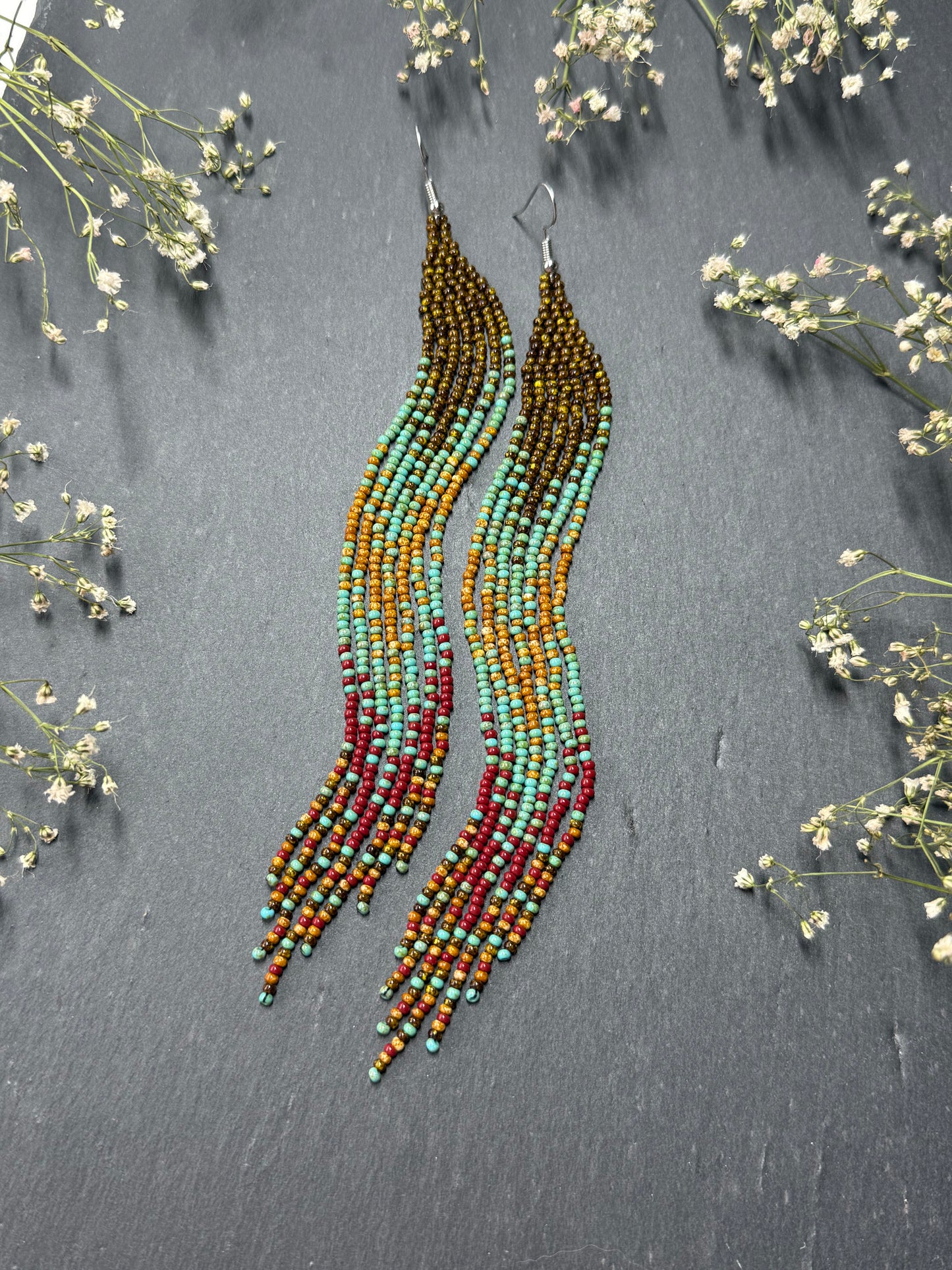 Long beaded earrings in turquoise, green, brown and burgundy with fringe. Unique handmade boho and Native statement earrings for women, perfect gift for her image 12