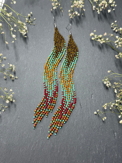 Long beaded earrings in turquoise, green, brown and burgundy with fringe. Unique handmade boho and Native statement earrings for women, perfect gift for her image 12