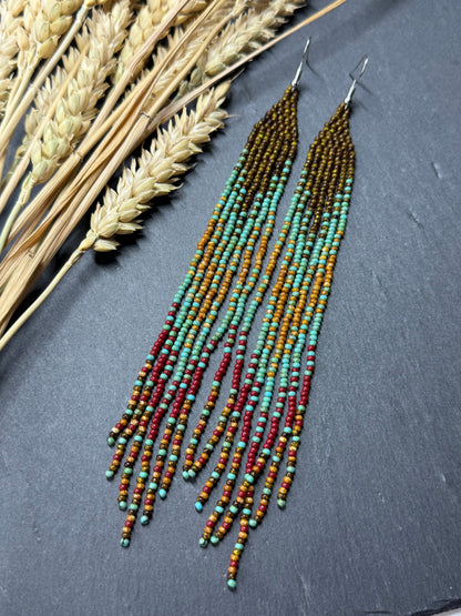 Long beaded earrings in turquoise, green, brown and burgundy with fringe. Unique handmade boho and Native statement earrings for women, perfect gift for her image 16