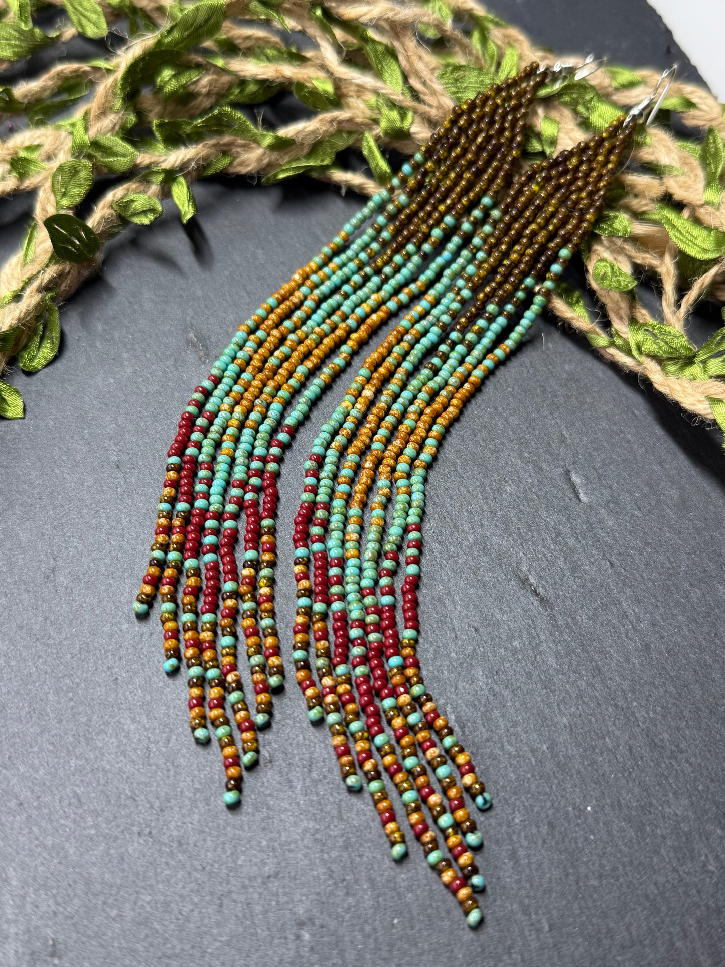 Long beaded earrings in turquoise, green, brown and burgundy with fringe. Unique handmade boho and Native statement earrings for women, perfect gift for her image 19