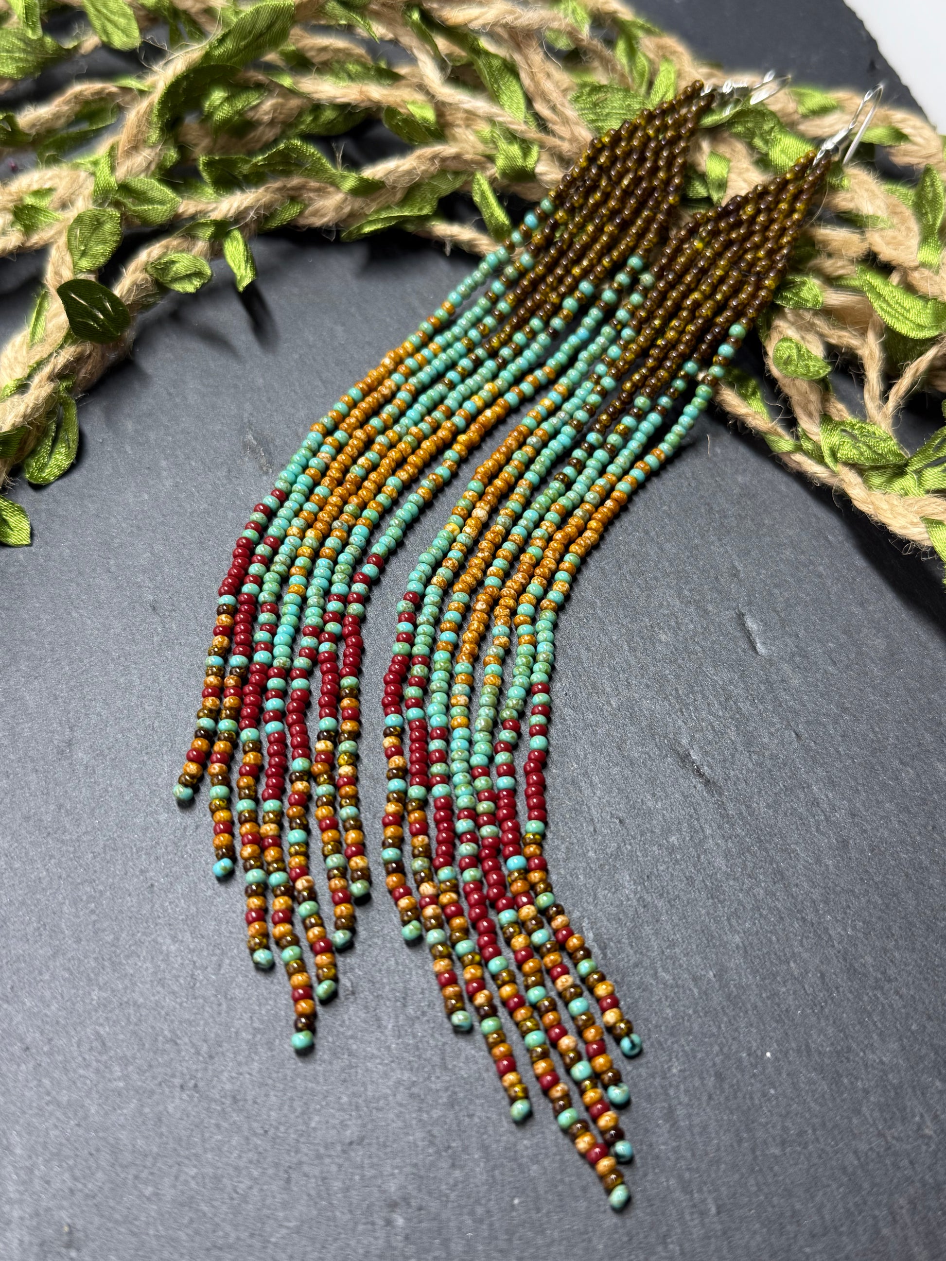 Long beaded earrings in turquoise, green, brown and burgundy with fringe. Unique handmade boho and Native statement earrings for women, perfect gift for her image 19