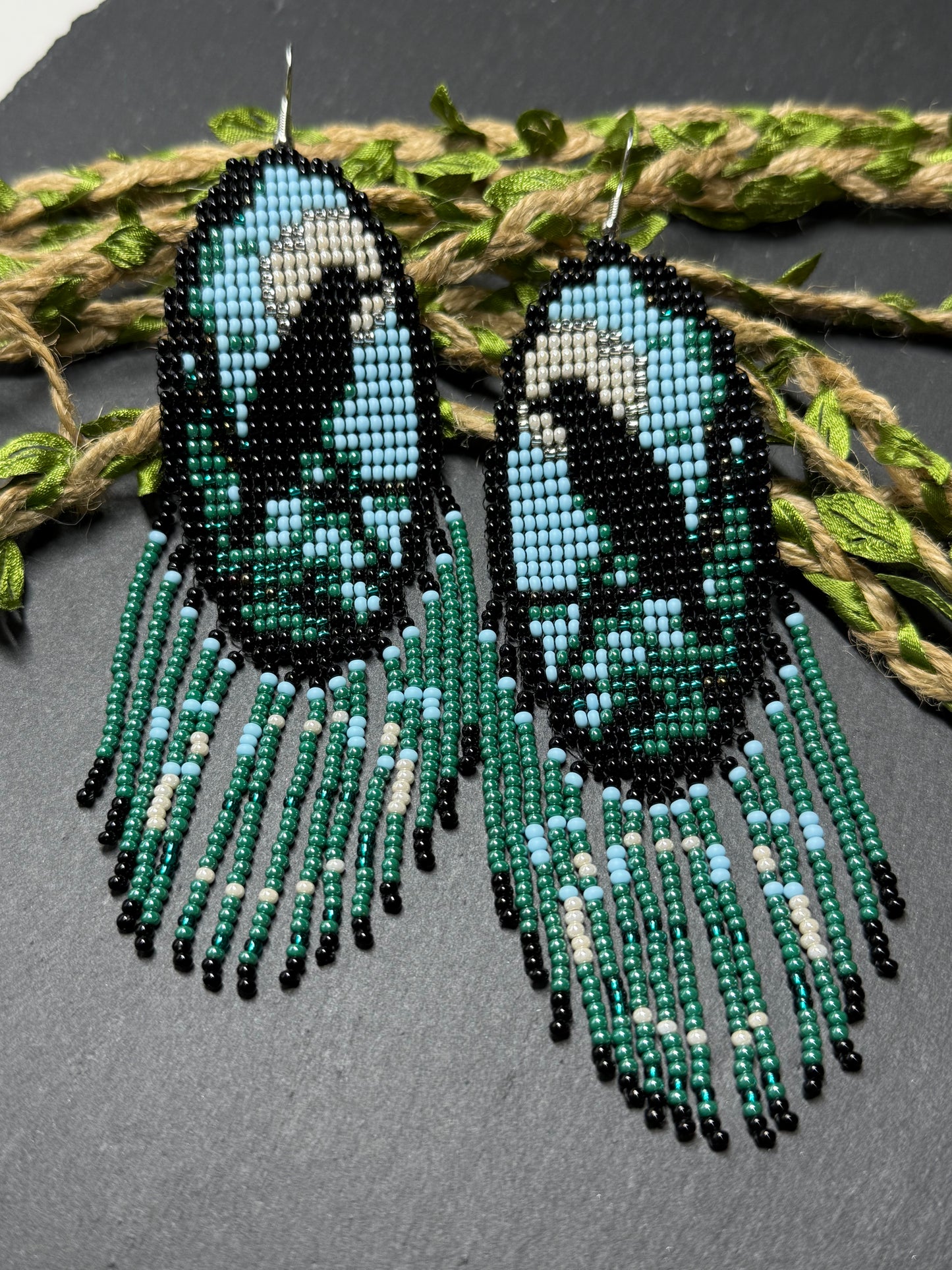 Long handmade beaded earrings in black, green, blue and beige featuring a raven and moon design with fringe. Boho statement jewelry, unique gift for her image 12