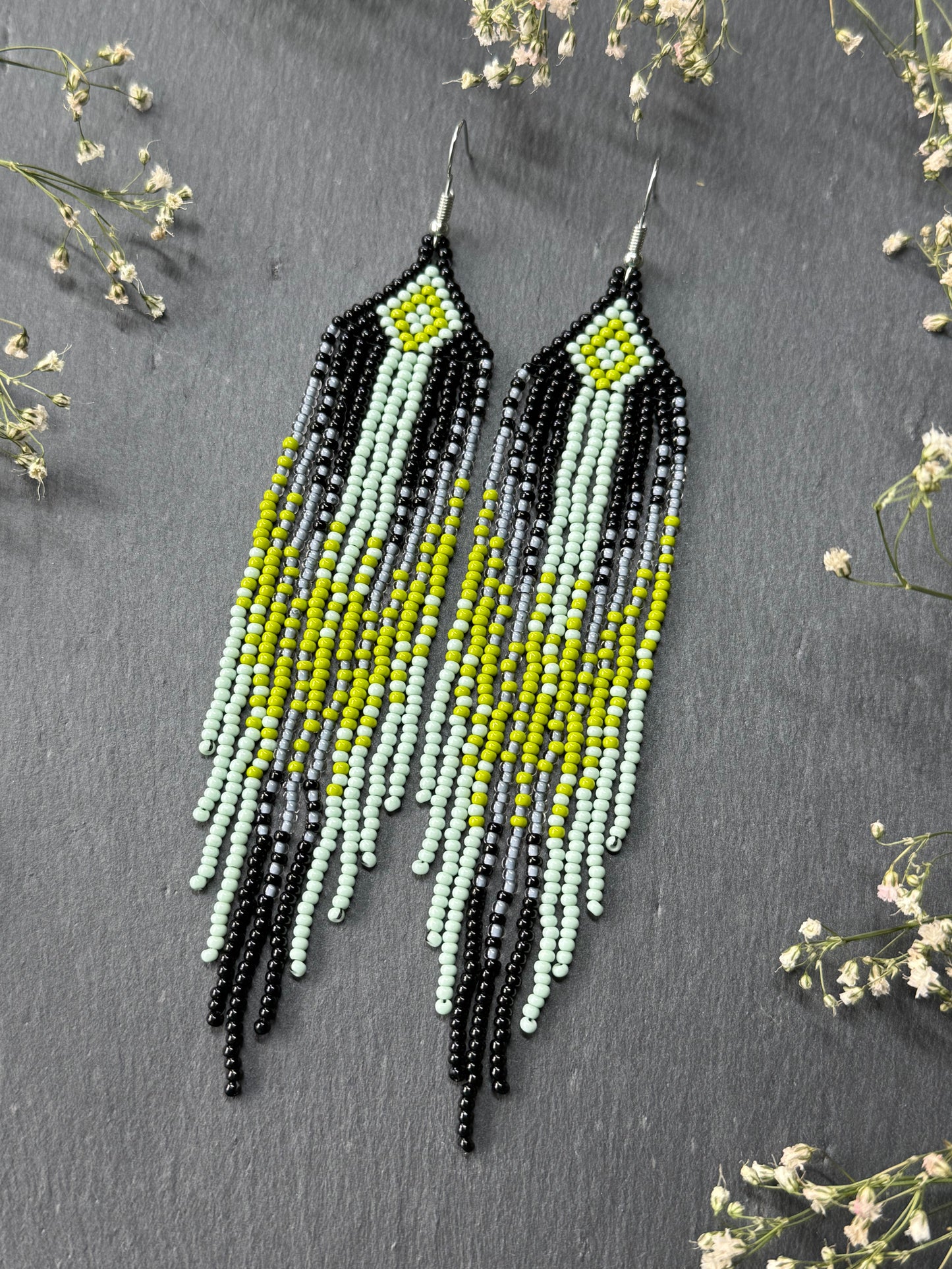 Unique Long black and green beaded ombre earrings with fringe, handmade boho statement jewelry image 3