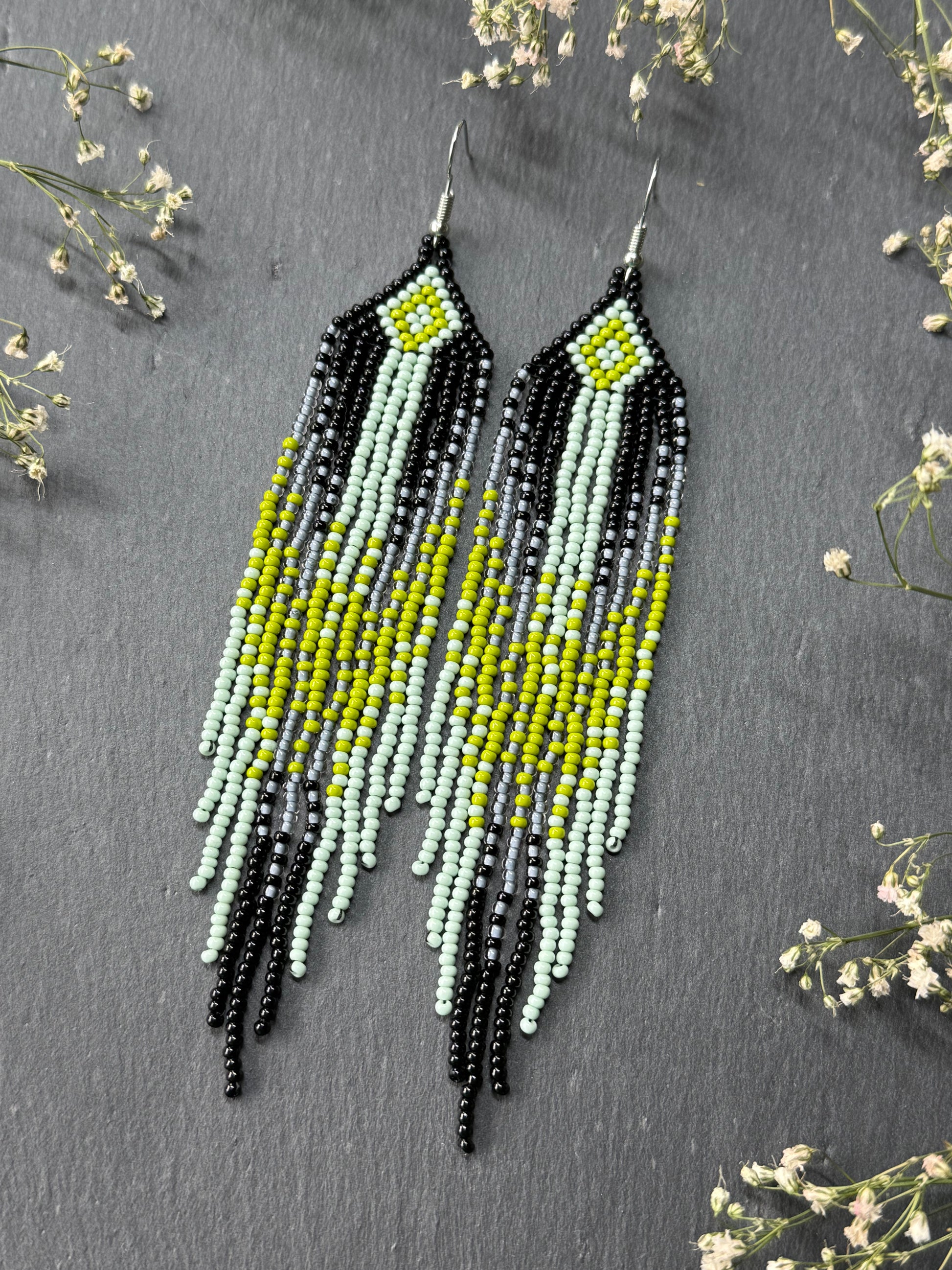 Unique Long black and green beaded ombre earrings with fringe, handmade boho statement jewelry image 3