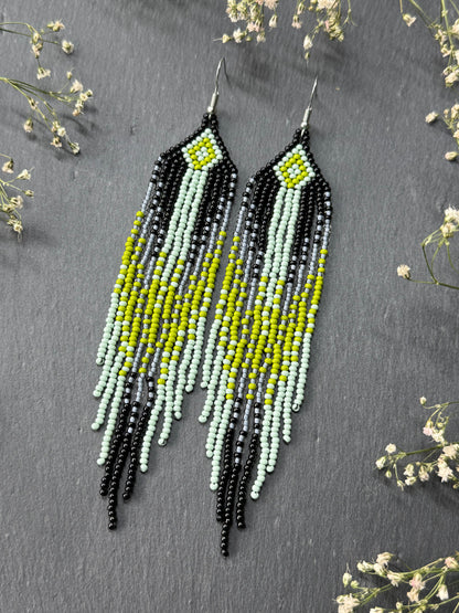 Unique Long black and green beaded ombre earrings with fringe, handmade boho statement jewelry image 3